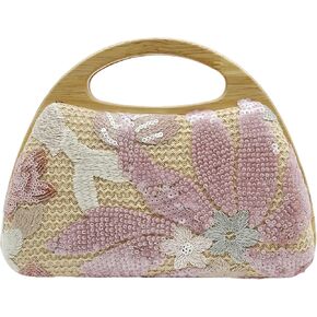 Sequin Clutch Bag for Women, Pink Floral Embroidered Evening Purse with Wooden Base, Top Handle & Removable Chain – Crossbody Handbag for Wedding, Party, Travel
