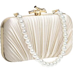Women Evening Bag Clutch Purse, Pleated Satin Seashell Evening Clutch for Wedding Party Cocktail Prom Dinner with Pearl Chain
