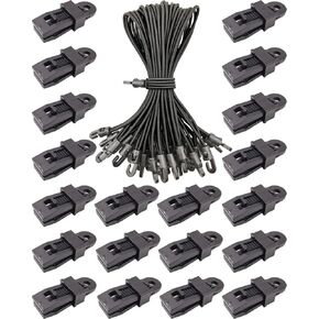 40PCS Tarp Clips Bungee Cords with Hooks, Adjustable Tarpaulin Clip and 25cm Hook Bungees, Black Reusable Awning Clips and Bungee Cord with Hook