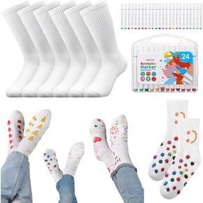 Coume Father's Day Craft for Kids 6 Pairs Men's Cotton Crew Socks with 24 Watercolor Pens for Painting Home Decoration DIY Father's Day Gift Party Activity for Men