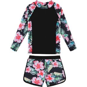 BAOHULU Girls Rash Guard Swimsuit Set 2 Pcs Long Sleeve Bathing Suit UPF 50+ Tankini Beach Swimwear Size 5-14 Years