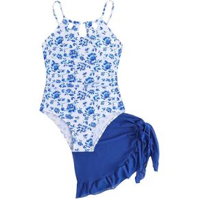 Milumia Girl's Floral Halter Cutout One Piece Swimsuit with Ruffle Cover Up Skirts