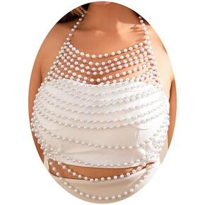 Xerling Elegant Faux Pearl Tassel Bra Chest Chain Layered Simulated Pearl Halter Top Body Chain Bikini Body Jewelry Accessories for Women Girls