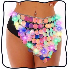 DRESBE Light Up Sequin Body Chains Sparkly LED Waist Chain Skirt Glow Party Rave Bikini Body Accessories for Women