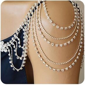YERTTER Sparkly Silver Body Chain Tassel Rhinestone Shoulder Chain Layered Tennis Chain Body Chain Accessories Jewelry Crystal Bikini Chain for Women Brides Prom Costume(Silver 4)