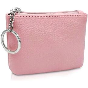 Coin Purse, PU Leather Coin Purse Pouch with Keychain, Zipper Lychee Pattern Change Wallet Purse for Women to Store Keys, Changes (Pink)