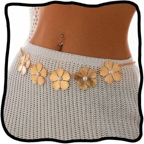 Woeoe Pearl Waist Chain Flower Chains Waist Belt Metal Belly Body Chain Beach Dress Outfit Summer Sexy Body Jewelry for Women
