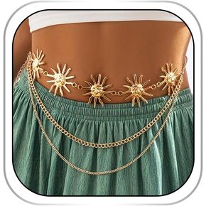 Abien Gold Sun Waist Chain Layered Body Chain Sun Flower Belly Chain Boho Chain Belt Body Chain Jewelry for Women