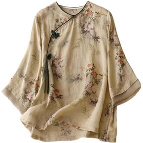 Summer Hanfu Cotton-Ramie Loose Blouse 3/4 Sleeve Chinese Clothes with Chinese Frog Button Tops A10