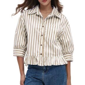 Womens Button Down Striped Shirts Peplum Ruffle Hem 3/4 Sleeve Casual Loose Babydoll Blouse Tops with Pocket