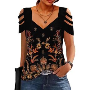 SAUKOLE Summer Women Cold Shoulder Tops Casual Loose Hollow Out Short Sleeve T Shirt Sexy V Neck Tops Blouses