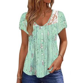 Womens Summer Tops Trendy Lace Trim V Neck Tunic Shirts Casual Petal Sleeve Pleated Front Button Blouses