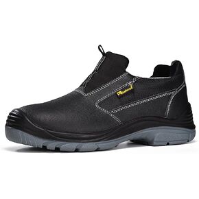 Men's Slip On Work Shoes Low Height Steel Toe Cow Leather Black Safety Shoes with Steel Plate Midsole Lightweight Comfortable Sneakers for Industrial
