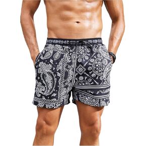 Floerns Men's Paisley Print Drawstring Swim Trunk Quick Dry Beach Shorts with Pocket