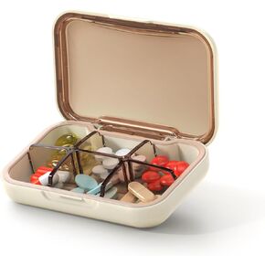 Portable Pill Box, Pill Organizer with 6 Compartments, Daily Medicine Pill Case, Pocket Size Pill Box for Travel, BPA Free Small Pill Container for Vitamins, Fish Oil, Supplements (White)