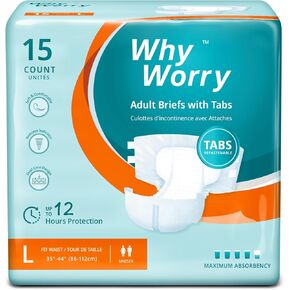 Adult Diapers with Tabs, Disposable Incontinence Briefs for Women and Men with Overnight Absorbency, Odor Control, Unisex, Medium, 15 Count