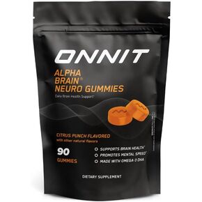 Onnit Alpha Brain Neuro Focus Focus Gummies - Levegan Gummies with Omega -3S ، Lutein ، Zeaxanthin & Caffeine - دماغ ، عين وتركيز ملحق للرجال والنساء † ، نكهة Citrus Punch ، 90 Count
