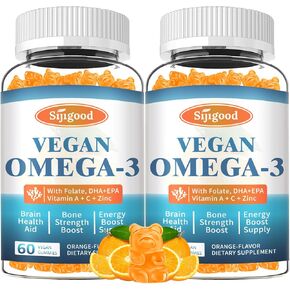 2 Pack Omega-3 Gummies Potent Amaae Omega Source ، Boost Brain ، Eye and Immune ، مع DHA و EPA Vegan & Sugar Free ، نكهة برتقالية ، 120 COUNT