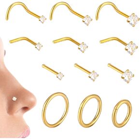 حلقات الأنف ، مجموعات الأزرار الأنف ، 12pcs l من الفولاذ المقاوم للصدأ ، فستد ، حلقات ، حلقات ، خوف من أنوف ثقب مسمار للنساء (الذهب)