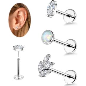 3Pcs 18G/16G G23 Titanium Threadless Push in Cartilage Stud Earrings Set for Women Hypoallergenic FlatBack Push in Earrings CZ Opal Leaf Tragus Helix Conch Piercing Jewelry