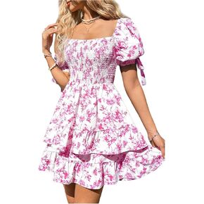 Floerns Women's Floral Print Puff Sleeve Square Neck Tiered Layer Shirred Dresses
