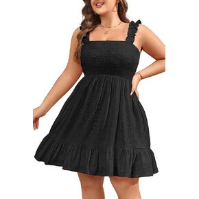 Women’s Plus Size Summer Dresses - Casual Eyelet Square Neck Sleeveless Smocked Ruffle A-Line Cute Short Sundress