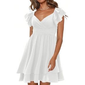 Women's Summer Dress Casual Wrap V Neck Flutter Sleeve Double Layer Ruffle Wedding Guest Short Mini Dresses