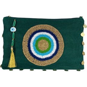 Evil Eye Jute Small Pouch Bag Green Coin Bag Zipper Closure with Tassel
