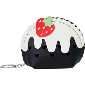 Mini Coin Purse, Cute Strawberry PU Leather Small Pouch Wallet Women with Keyring Portable Zipper Mini Change Purse for Coin Change Key Cosmetic Cash (Black)