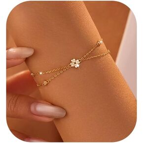 Dainty Layer Lucky Leaf Chain Bracelet for Women 925 Sterling Silver 14K Gold Plated CZs Bracelet to Daughter Flower Five Leaf Link Stackable Bracelets Trendy Jewelry for Wife Girlfriend