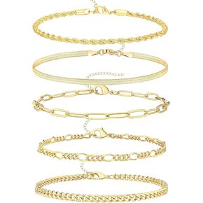 Adjustable Gold Bracelets Set for Women Stackables - 6.5"+ 2" Extender - 14k Gold Plated - Dainty
