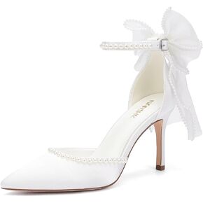 High Heel Wedding Shoes for Bride Pointed Toe Bridal Shoes Pearl Heels Bow Tie Back Wedding Heels