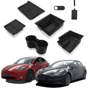 CARFIB 7pcs Center Console Organizer Accessories Fit for Tesla Model Y 2024-2021 Model 3 2023-2021 Cup Holder Tray Insert Hidden Storage Box Wireless Charger Pad Camera Cover