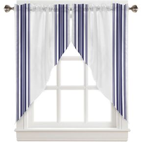 Swag Curtains Navy Blue White Stripes Rod Pocket Kitchen Valance Curtain Panels for Small Window 36 inch Length, 2 Panels Living Room Curtain