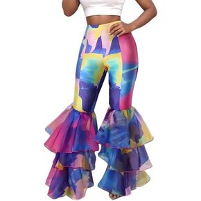 Ruffle Pants for Women Sexy Tie Dye Legging with Layered Tulle Print Bell Bottom High Waisted Fish Tail Trousers