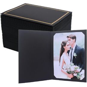 50 Pcs Photo Folders for 4x6 or 5x7 Pictures,Paper Picture Frames, Cardboard Greeting Photo Frame Cards for Graduation Wedding Birthday Classroom DIY (Black with Gold Foil)