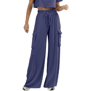 Womens Wide Leg Cargo Pants Flowy Casual Palazzo Pleated Trouser Woman Elastic High Waisted Loose Fit Lounge Pant 2025