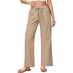 GRAPENT Linen Pants Women Wide Leg High Waisted Flowy Summer Beach Elastic Waist Pull On Baggy Palazzo Pants with Pocket