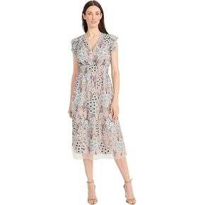 Maggy London Women's Flutter Sleeve V-Neck Empire Waist Midi Length A-line Cocktail Dress