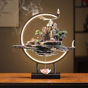 Backflow Invense Fall Fountain Fountain Burner مع حلقة ضوء LED قابلة للتعديل ، حامل عصا من المناظر الطبيعية الراتنج ، متوافق مع مخروط وعصا (أخضر رمادي)