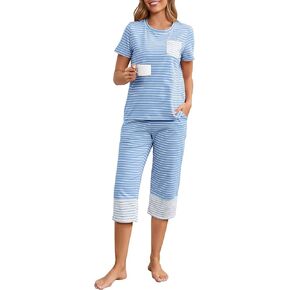 Womens Cotton Pajama Set Stripe 2 Piece Lounge Set Short Sleeve Capri Pj Set Comfy Loungewear Sleepwear with Pockets