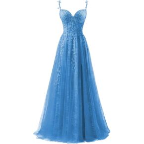 YUAOHUANG Lace Applique Tulle Prom Dresses for Women 2025 Spaghetti Straps Ball Gown Formal Evening Party Gown with Slit