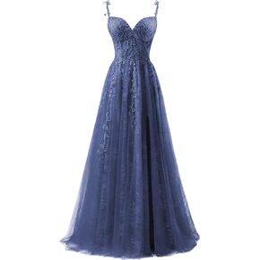YUAOHUANG Lace Applique Tulle Prom Dresses for Women 2025 Spaghetti Straps Ball Gown Formal Evening Party Gown with Slit in Kuwait