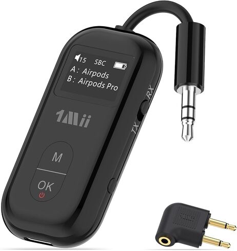 1Mii SafeFly Pro Bluetooth 5.3 Transmitter Receiver, Wireless Audio Adapter w/Screen for 2 Bluetooth Headphones, AptX LL/HD/AD, Use with Any 3.5MM Jack on Airplane, TV & iPad/Tablet in Kuwait