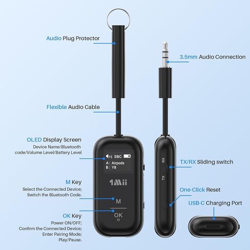 1Mii SafeFly Pro Bluetooth 5.3 Transmitter Receiver, Wireless Audio Adapter w/Screen for 2 Bluetooth Headphones, AptX LL/HD/AD, Use with Any 3.5MM Jack on Airplane, TV & iPad/Tablet in Kuwait