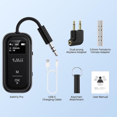 1Mii SafeFly Pro Bluetooth 5.3 Transmitter Receiver, Wireless Audio Adapter w/Screen for 2 Bluetooth Headphones, AptX LL/HD/AD, Use with Any 3.5MM Jack on Airplane, TV & iPad/Tablet in Kuwait