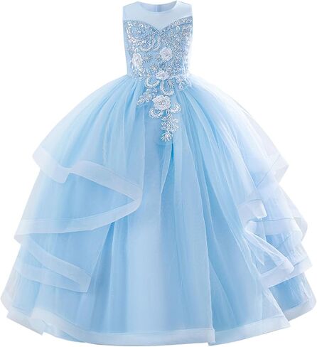 IDOPIP Sequin Flower Girl Dress for Wedding Pageant Tulle Ball Gown Prom Kids Princess Birthday Party Bridesmaid Maxi Dresses in Saudi Arabia