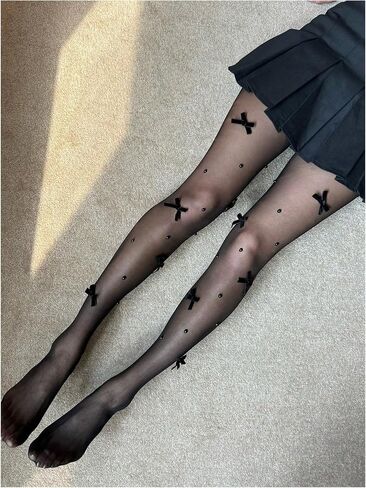 SHENHE Women's Sheer Bows Tights Beaded High Waist Ultra Thin Pantyhose Stockings in Saudi Arabia