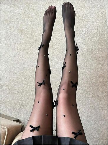 SHENHE Women's Sheer Bows Tights Beaded High Waist Ultra Thin Pantyhose Stockings in Saudi Arabia