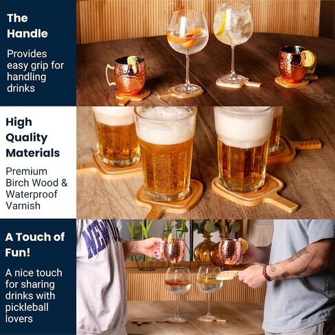 Pickleball Drink Coasters, 2/Pack, Pickleball Gift, Party Decoration, Birch Wood Coaster Set, 3.5 x 3.5", Paddle Shape with Handle, Varnished Finish in Saudi Arabia